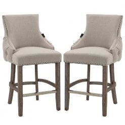 40 in. Beige Linen Fabric Nailhead Tufted Low Back Bar Stool with 4-Solid Wood Legs (Set of 2) by Boyel Living