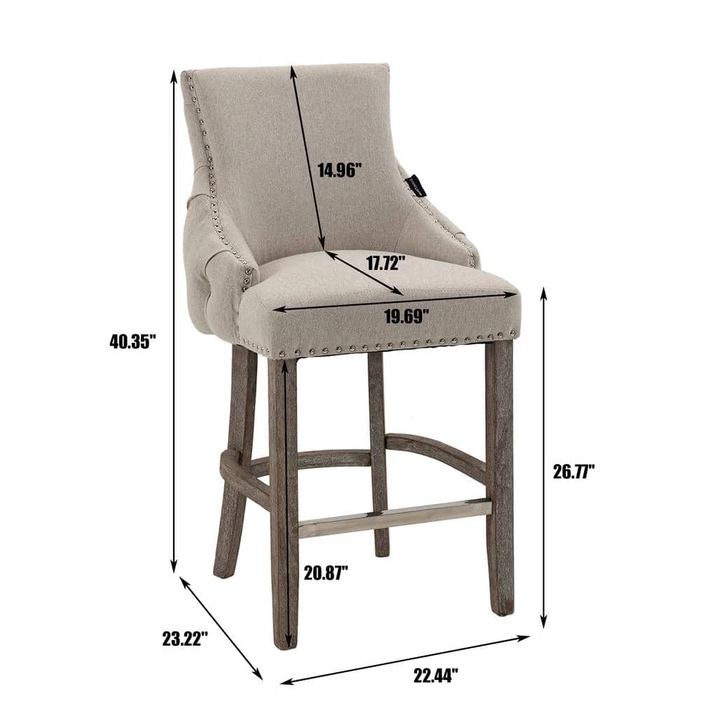 40 in. Beige Linen Fabric Nailhead Tufted Low Back Bar Stool with 4-Solid Wood Legs (Set of 2) by Boyel Living 5 40 in. Beige Linen Fabric Nailhead Tufted Low Back Bar Stool with 4-Solid Wood Legs (Set of 2) by Boyel Living - Image 3