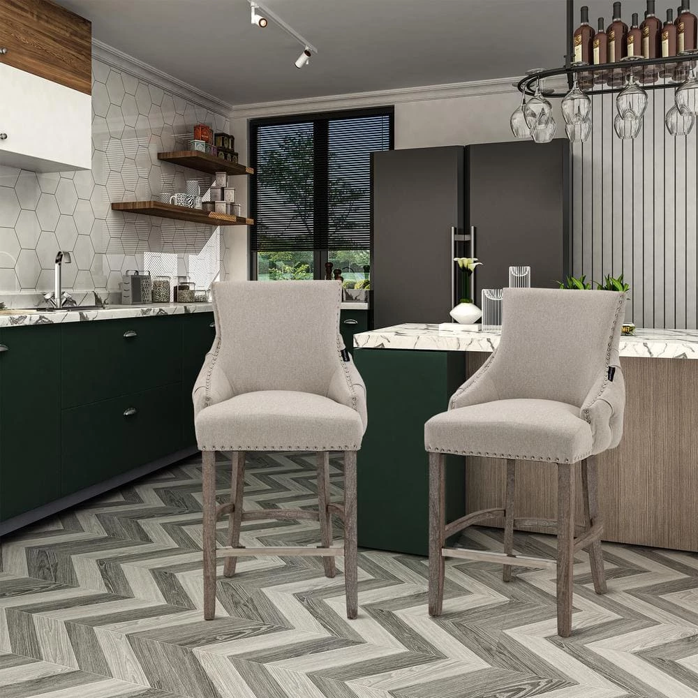 40 in. Beige Linen Fabric Nailhead Tufted Low Back Bar Stool with 4-Solid Wood Legs (Set of 2) by Boyel Living 4 40 in. Beige Linen Fabric Nailhead Tufted Low Back Bar Stool with 4-Solid Wood Legs (Set of 2) by Boyel Living - Image 2