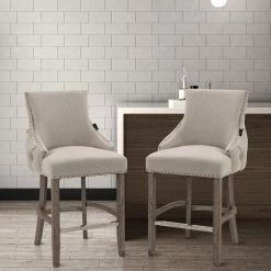 40 in. Beige Linen Fabric Nailhead Tufted Low Back Bar Stool with 4-Solid Wood Legs (Set of 2) by Boyel Living 16 40 in. Beige Linen Fabric Nailhead Tufted Low Back Bar Stool with 4-Solid Wood Legs (Set of 2) by Boyel Living -MODWAY store beige boyel living bar stools bl ysdk01 fa 1000