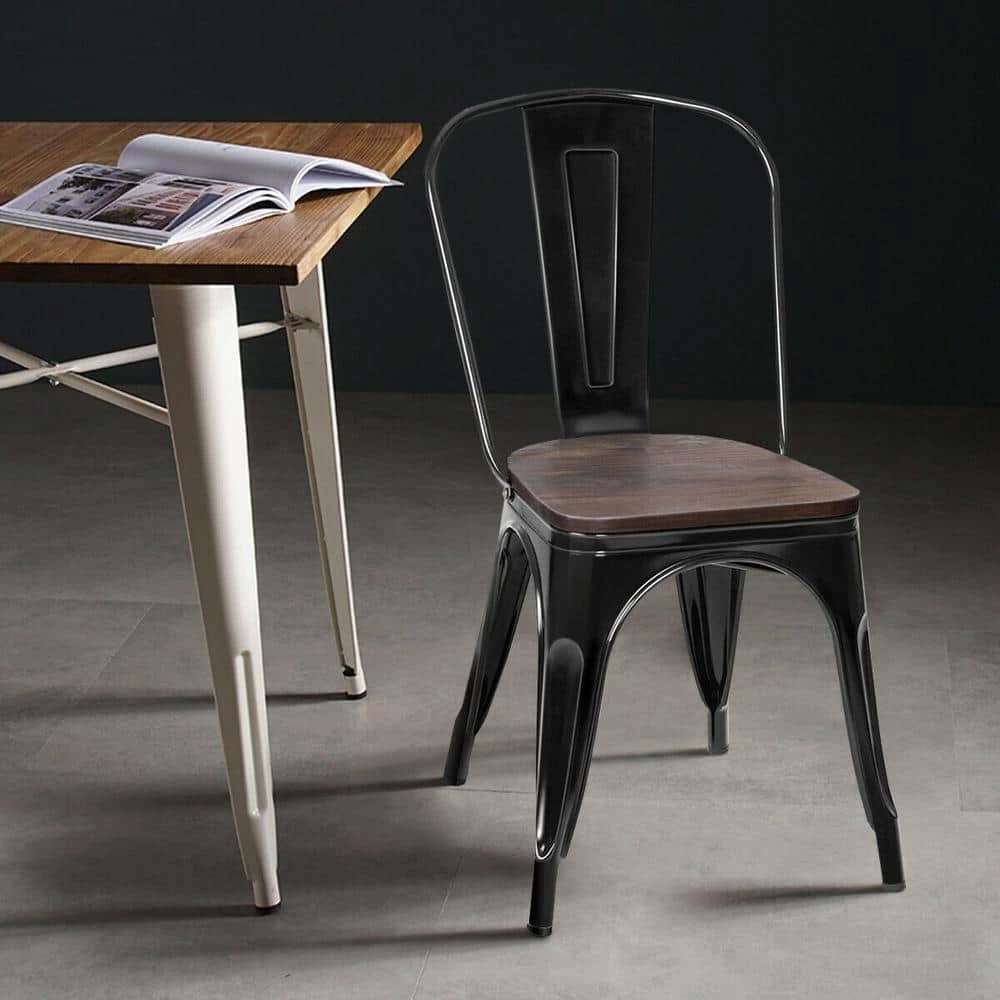 Set of 4, Metal Dining Chair Stackable with Wood Cushion in Black & Coffee by Boyel Living 12 Set of 4, Metal Dining Chair Stackable with Wood Cushion in Black & Coffee by Boyel Living - Image 10