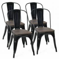 Set of 4, Metal Dining Chair Stackable with Wood Cushion in Black & Coffee by Boyel Living