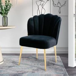 Black Modern Seashell Design Velvet Golden Legs Side Chair by Boyel Living -MODWAY store black boyel living accent chairs hfsn 197bk 31 1000