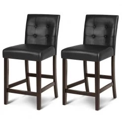 2-Piece Black Leather Bar Stools with Wood Legs by Boyel Living