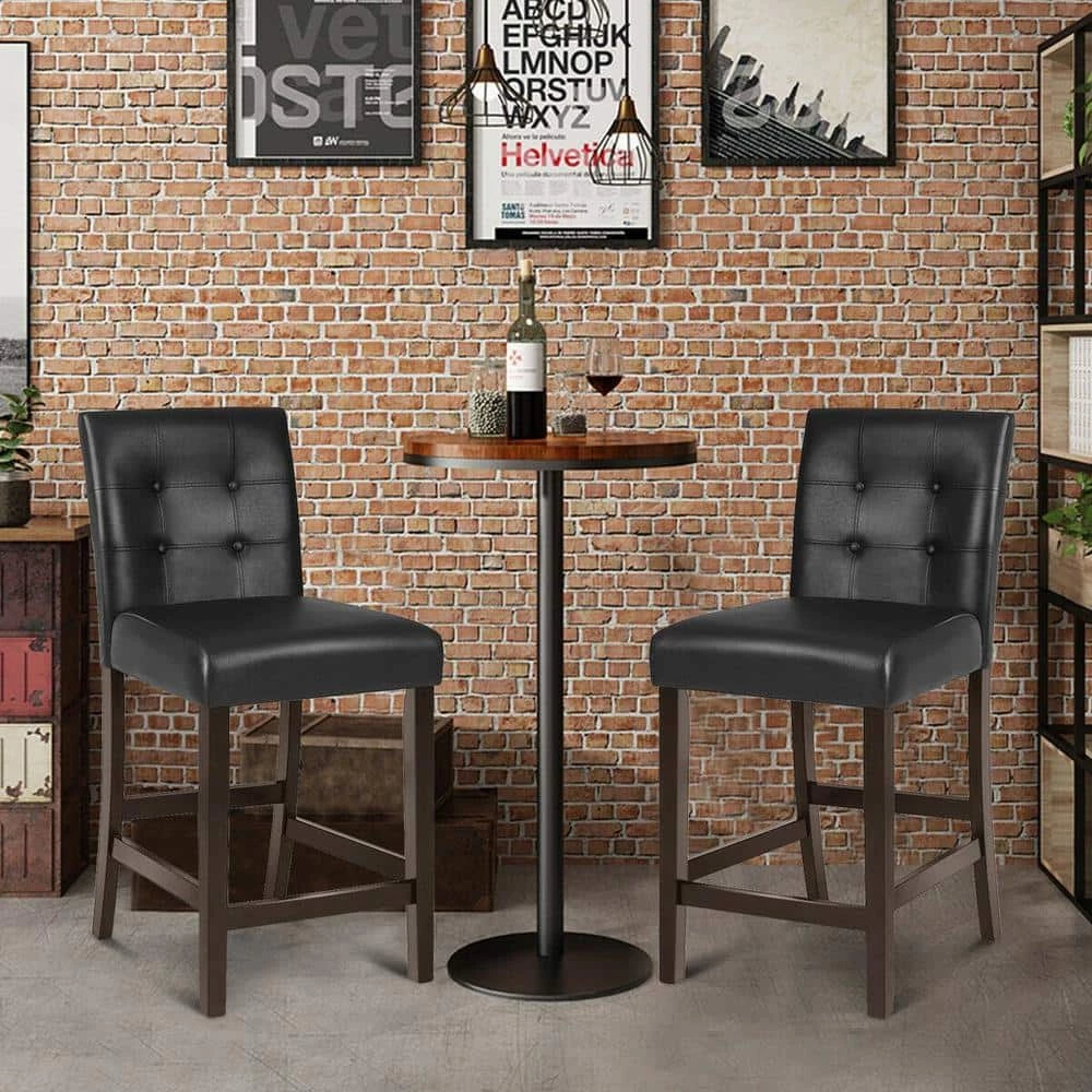 2-Piece Black Leather Bar Stools with Wood Legs by Boyel Living 4 2-Piece Black Leather Bar Stools with Wood Legs by Boyel Living - Image 2