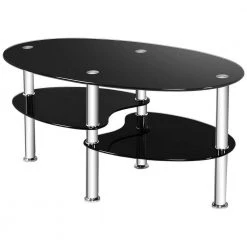 35 in. Black Tempered Glass Oval Coffee Table with Shelves by Boyel Living