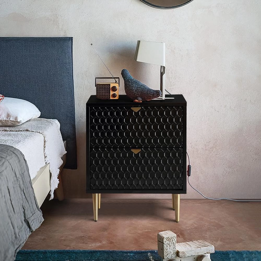 Hexagonal Pattern 2-Drawer Black High Gloss Nightstand Accent Cabinet with Golden Stands by Boyel Living 10 Hexagonal Pattern 2-Drawer Black High Gloss Nightstand Accent Cabinet with Golden Stands by Boyel Living - Image 8