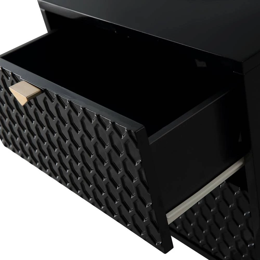 Hexagonal Pattern 2-Drawer Black High Gloss Nightstand Accent Cabinet with Golden Stands by Boyel Living 5 Hexagonal Pattern 2-Drawer Black High Gloss Nightstand Accent Cabinet with Golden Stands by Boyel Living - Image 3