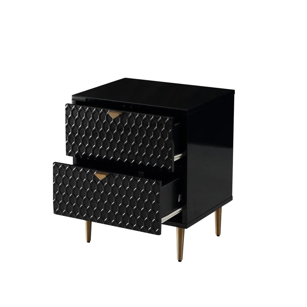 Hexagonal Pattern 2-Drawer Black High Gloss Nightstand Accent Cabinet with Golden Stands by Boyel Living 6 Hexagonal Pattern 2-Drawer Black High Gloss Nightstand Accent Cabinet with Golden Stands by Boyel Living - Image 4