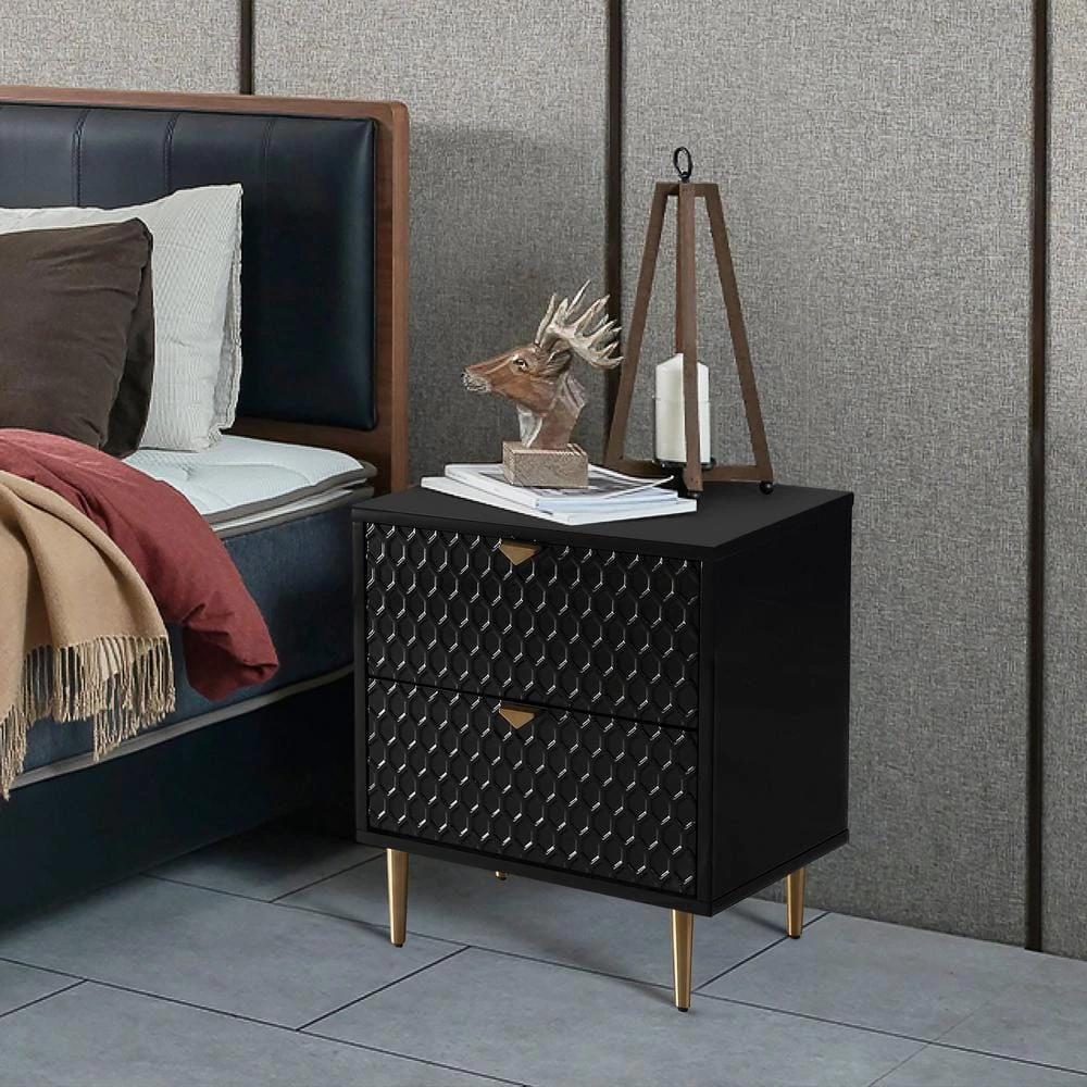 Hexagonal Pattern 2-Drawer Black High Gloss Nightstand Accent Cabinet with Golden Stands by Boyel Living 4 Hexagonal Pattern 2-Drawer Black High Gloss Nightstand Accent Cabinet with Golden Stands by Boyel Living - Image 2