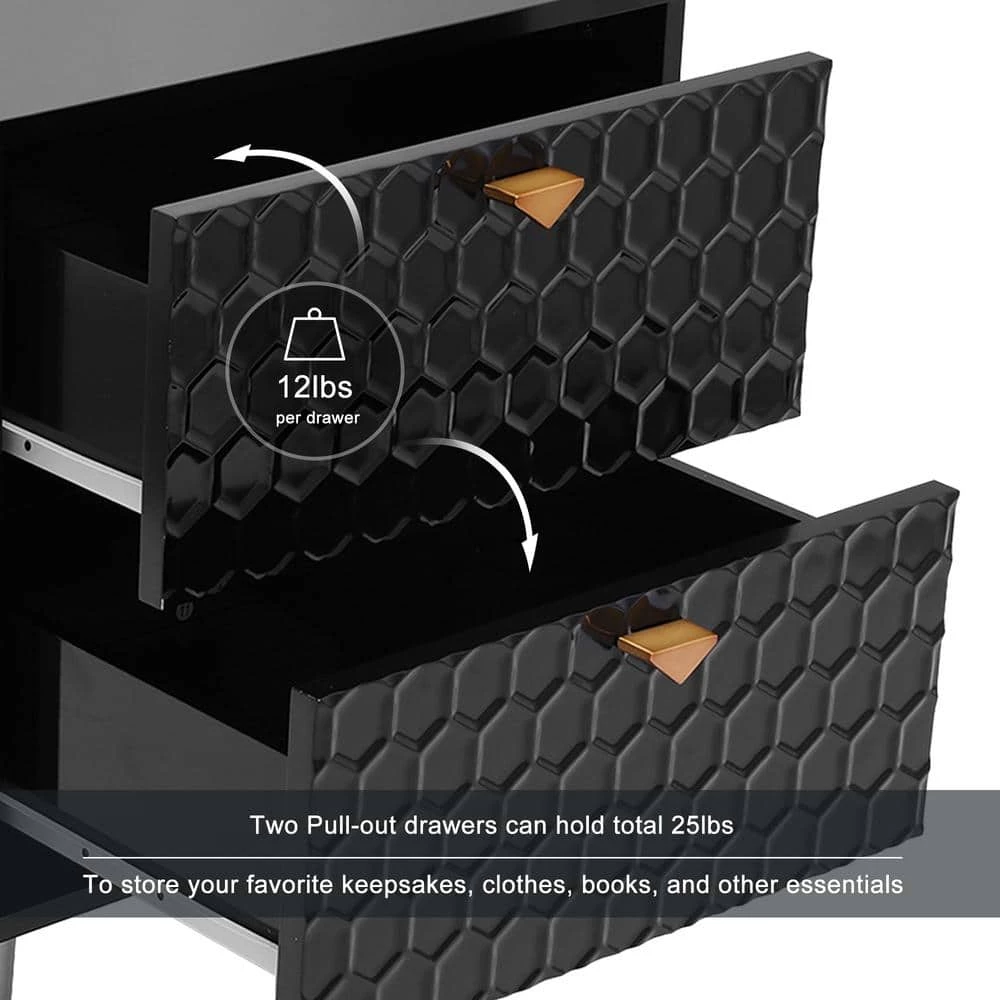 Hexagonal Pattern 2-Drawer Black High Gloss Nightstand Accent Cabinet with Golden Stands by Boyel Living 8 Hexagonal Pattern 2-Drawer Black High Gloss Nightstand Accent Cabinet with Golden Stands by Boyel Living - Image 6