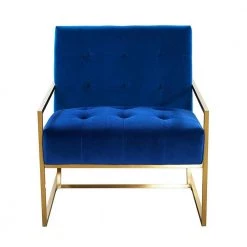 Blue Velvet Tufted Dining Arm Chair with Golden Base by Boyel Living