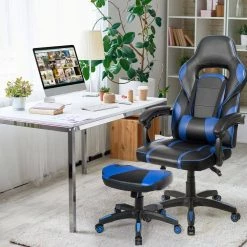 Blue Swivel Adjustable Faux Leather Padded Office Stool Gaming Chair by Boyel Living -MODWAY store blue boyel living office stools hysn 64010bl 31 1000