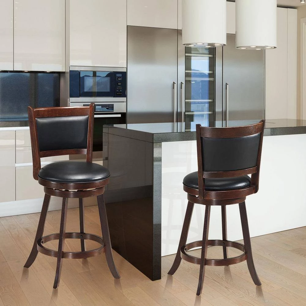 38 in. 2-Piece Brown Wood Swivel Bar Stools with High Back and Upholstered Seat by Boyel Living 4 38 in. 2-Piece Brown Wood Swivel Bar Stools with High Back and Upholstered Seat by Boyel Living - Image 2