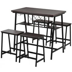5-Piece Dark Brown Counter Height Table Set with Wine Rack and Glass Holder Industrial Bar Dining Set for Home by Boyel Living