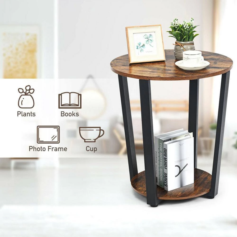 19.5 in. W Brown 2-tier Round End Table with Storage Shelf and Metal Frame by Boyel Living 9 19.5 in. W Brown 2-tier Round End Table with Storage Shelf and Metal Frame by Boyel Living - Image 7