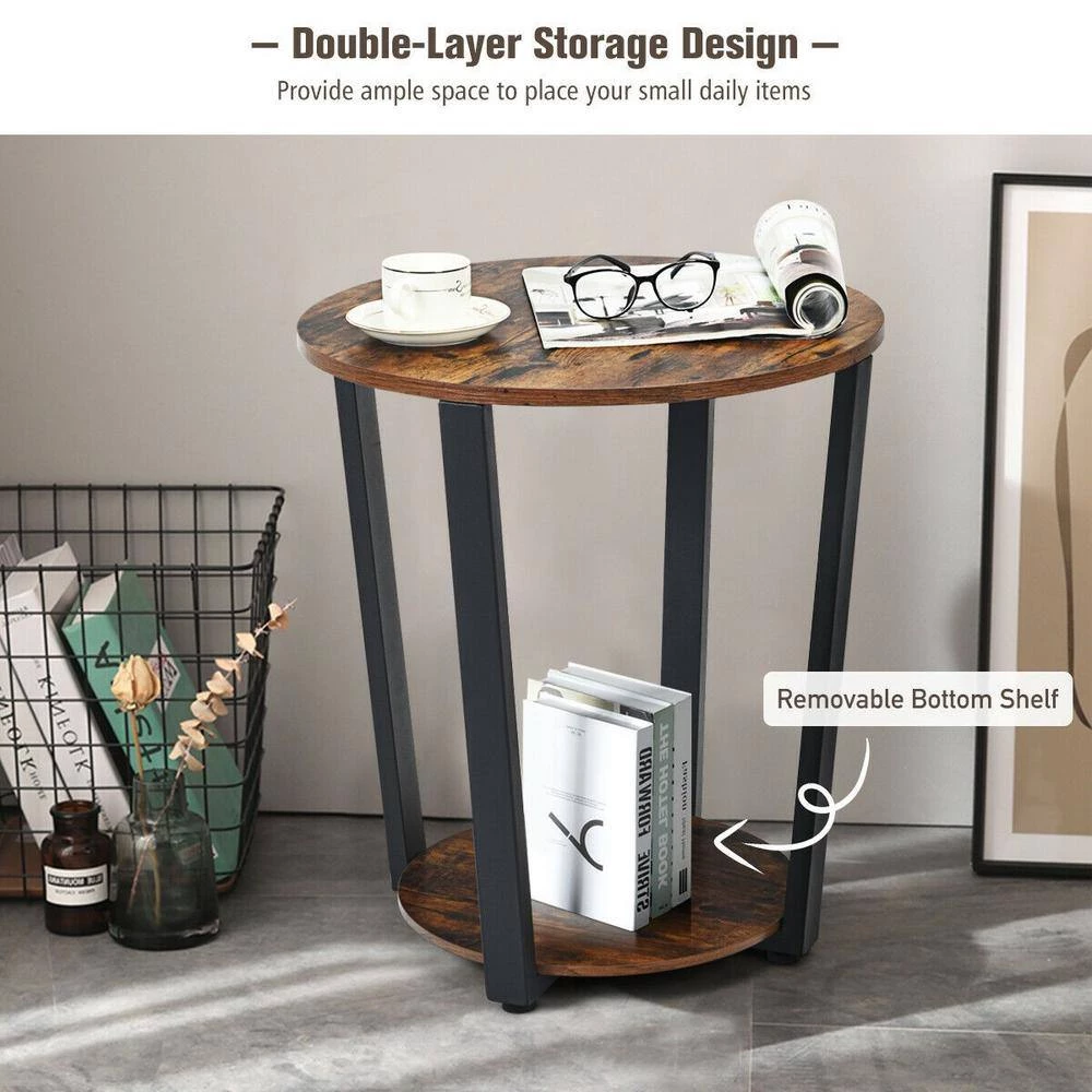 19.5 in. W Brown 2-tier Round End Table with Storage Shelf and Metal Frame by Boyel Living 4 19.5 in. W Brown 2-tier Round End Table with Storage Shelf and Metal Frame by Boyel Living - Image 2