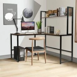 Brown 55 in. Large Industrial Iron Framed L-Shaped Desk Computer Gaming Table by Boyel Living -MODWAY store coffee boyel living computer desks hysn 63364cf 31 1000