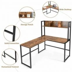 Brown 55 in. Large Industrial Iron Framed L-Shaped Desk Computer Gaming Table by Boyel Living -MODWAY store coffee boyel living computer desks hysn 63364cf 4f 1000