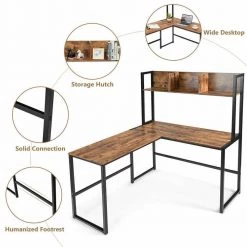 Brown 55 in. Large Industrial Iron Framed L-Shaped Desk Computer Gaming Table by Boyel Living -MODWAY store coffee boyel living computer desks hysn 63364cf 77 1000