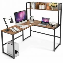 Brown 55 in. Large Industrial Iron Framed L-Shaped Desk Computer Gaming Table by Boyel Living -MODWAY store coffee boyel living computer desks hysn 63364cf c3 1000