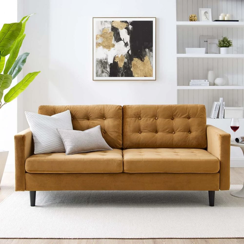 Exalt 75 in. Wide Tufted Squared Arm Performance Velvet Modern Straight Sofa in Cognac by MODWAY 6 Exalt 75 in. Wide Tufted Squared Arm Performance Velvet Modern Straight Sofa in Cognac by MODWAY - Image 4