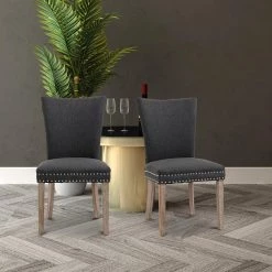 40 in. Classic Dark Gray Linen Fabric Nailhead Tufted Parsons Chair Dining Chair with Solid Wood Legs (Set of 2/ BX-Box) by Boyel Living -MODWAY store dark gray boyel living dining chairs bl ys0k23 31 1000