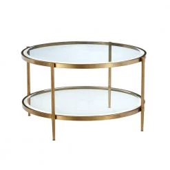 32 in. Clear/Gold Medium Round Glass Coffee Table with Storage Shelf by Boyel Living