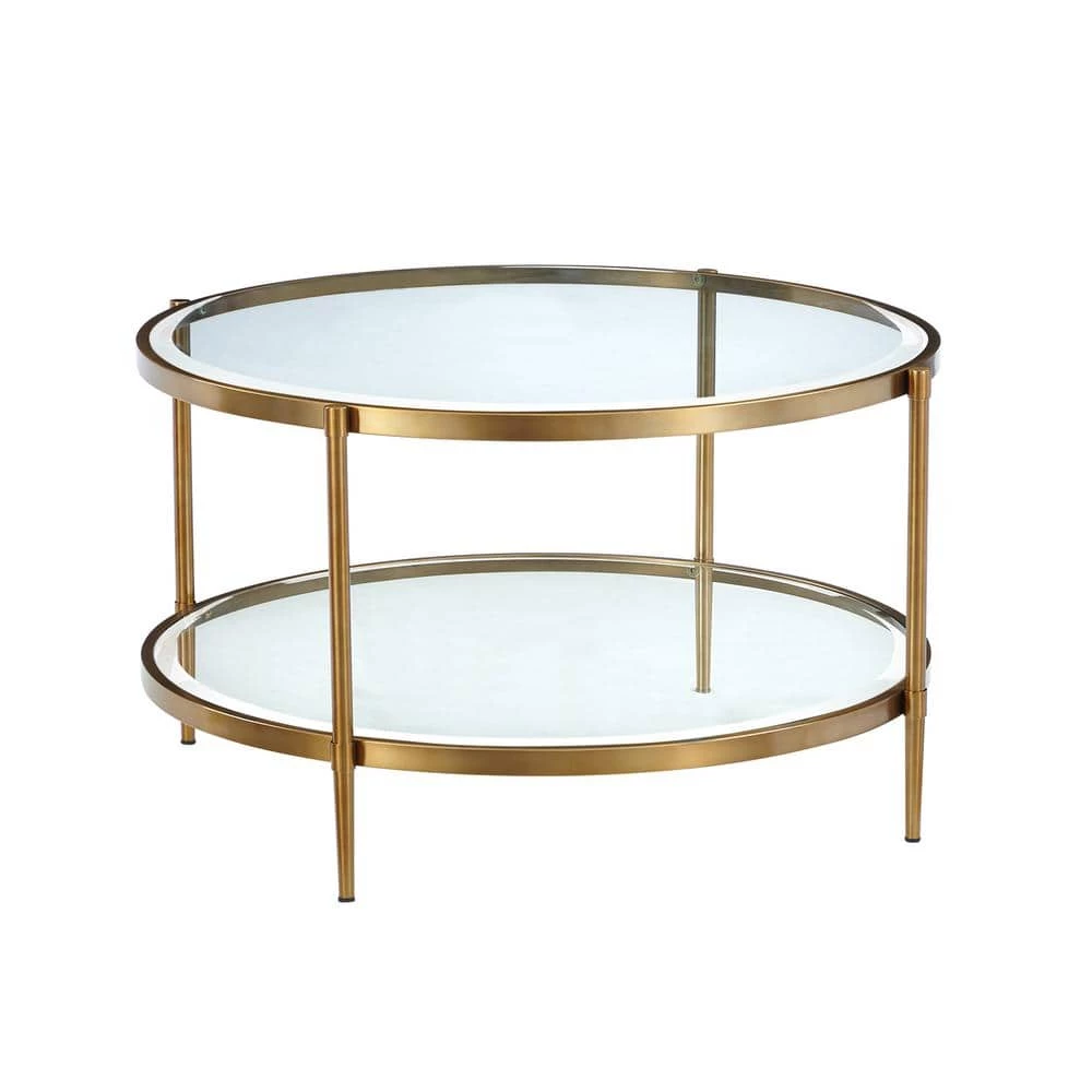 32 in. Clear/Gold Medium Round Glass Coffee Table with Storage Shelf by Boyel Living 3 32 in. Clear/Gold Medium Round Glass Coffee Table with Storage Shelf by Boyel Living