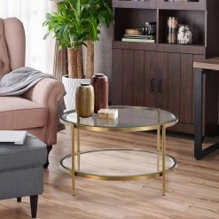 32 in. Clear/Gold Medium Round Glass Coffee Table with Storage Shelf by Boyel Living 12 32 in. Clear/Gold Medium Round Glass Coffee Table with Storage Shelf by Boyel Living -MODWAY store gold boyel living coffee tables ct 1353r c3 1000
