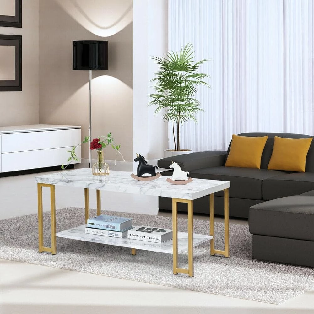 39.5 in. Gold Modern Coffee Table with Faux Marble Top by Boyel Living 4 39.5 in. Gold Modern Coffee Table with Faux Marble Top by Boyel Living - Image 2