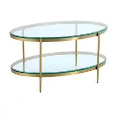 47 in. Gold Large Oval Glass Coffee Table with Storage Shelf by Boyel Living