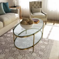 47 in. Gold Large Oval Glass Coffee Table with Storage Shelf by Boyel Living -MODWAY store gold boyel living coffee tables wf ct 1353c fa 1000