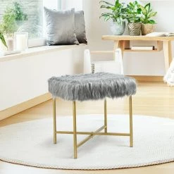 Faux Fur Metal Legs Ottoman Stool in Gray by Boyel Living -MODWAY store gray boyel living bar stools hysn 63935gr 31 1000