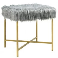 Faux Fur Metal Legs Ottoman Stool in Gray by Boyel Living
