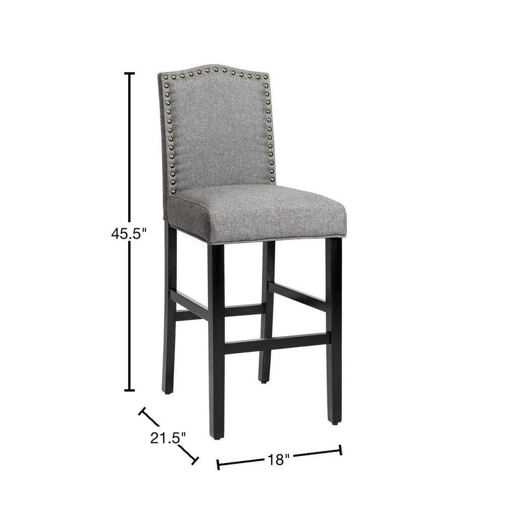 30 in. 2-Piece Gray Upholstered Kitchen Nailhead Bar Stools by Boyel Living 5 30 in. 2-Piece Gray Upholstered Kitchen Nailhead Bar Stools by Boyel Living - Image 3