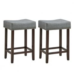 24 in. 2-Piece Gray Nailhead Saddle Bar Stools with Wood Legs by Boyel Living