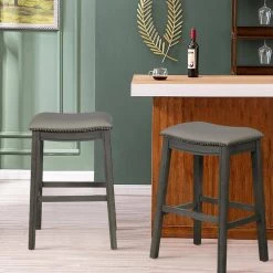 Gray 29 in. Upholstered Side Chairs Saddle Nailhead Kitchen Counter Chairs(Set of 2) by Boyel Living -MODWAY store gray boyel living bar stools hysn 66520gr 31 1000