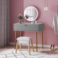 Gray Modern High Gloss Painting Dressing Vanity With Drawer 31.5 in. x 15.7 in. x 31.5 in. by Boyel Living -MODWAY store gray boyel living makeup vanities drt 1472an gy e1 1000