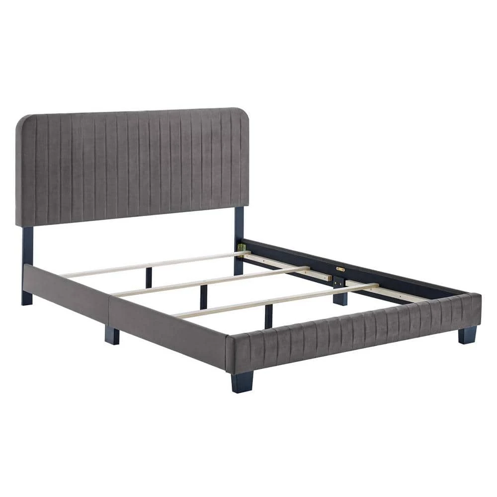Celine Gray Channel Tufted Performance Velvet King Bed by MODWAY 6 Celine Gray Channel Tufted Performance Velvet King Bed by MODWAY - Image 4