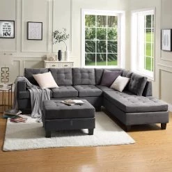 Sectional Sofa 3-Piece Grey Polyester L-Shaped Right Facing Sectionals with Storage Ottoman by Boyel Living -MODWAY store grey boyel living sectional sofas bh 015gr 31 1000