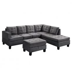 Sectional Sofa 3-Piece Grey Polyester L-Shaped Right Facing Sectionals with Storage Ottoman by Boyel Living
