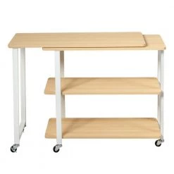 31.5 in. Natural Wood 360° Rotating Sofa Side Table with Storage Shelves and Wheels by Boyel Living