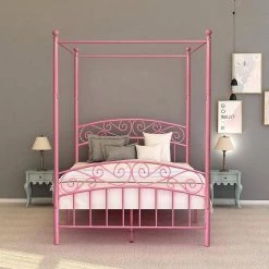 Pink Queen Size Metal Canopy Platform Bed Frame with Headboard and Footboard by Boyel Living -MODWAY store pink boyel living canopy beds bf wf 715g pi 4f 1000