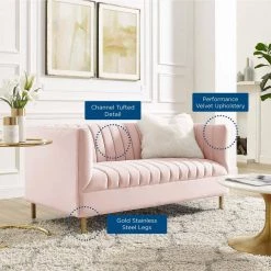 Shift 59.5 in. Pink Channel Tufted Velvet 2-Seater Loveseat with Gold Legs by MODWAY -MODWAY store pink modway loveseats eei 4131 pnk 76 1000