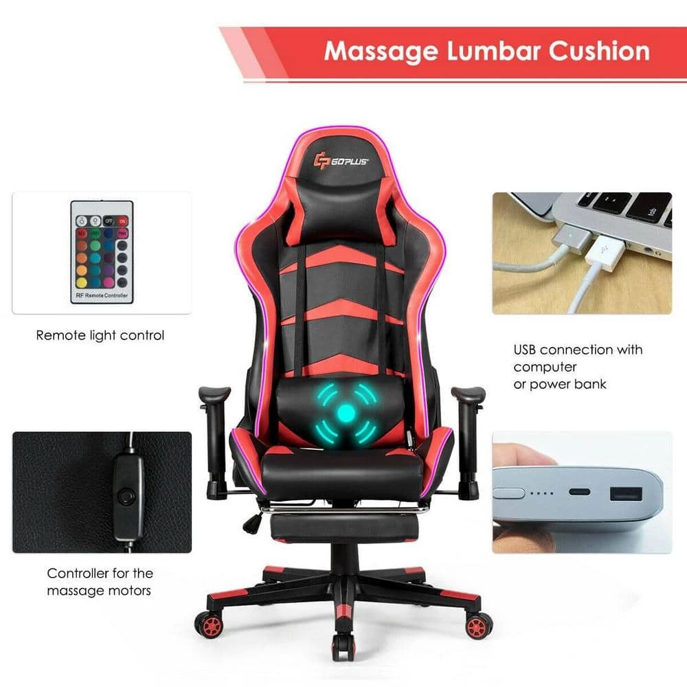 Massage LED Gaming Chair, Ergonomic Black Chair,PU Racing Chair with Lumbar Support & Footrest, in Red by Boyel Living 9 Massage LED Gaming Chair, Ergonomic Black Chair,PU Racing Chair with Lumbar Support & Footrest, in Red by Boyel Living - Image 7