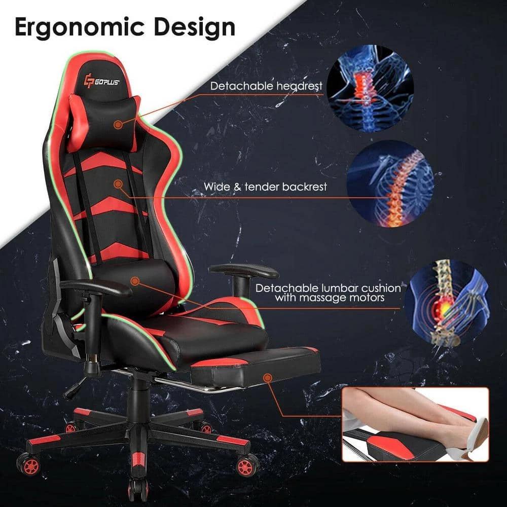 Massage LED Gaming Chair, Ergonomic Black Chair,PU Racing Chair with Lumbar Support & Footrest, in Red by Boyel Living 10 Massage LED Gaming Chair, Ergonomic Black Chair,PU Racing Chair with Lumbar Support & Footrest, in Red by Boyel Living - Image 8