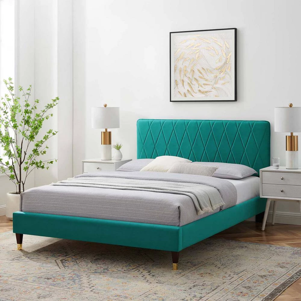 Phillipa Performance Velvet Twin Platform Bed in Teal by MODWAY 5 Phillipa Performance Velvet Twin Platform Bed in Teal by MODWAY - Image 3