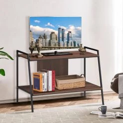 Walnut 34 in. TV Stands Open Shelf Industrial Wood Metal Bookcase by Boyel Living -MODWAY store walnut boyel living tv stands hysn 64303 31 1000