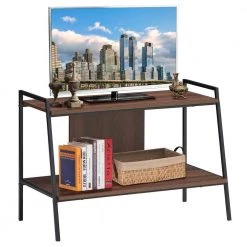 Walnut 34 in. TV Stands Open Shelf Industrial Wood Metal Bookcase by Boyel Living -MODWAY store walnut boyel living tv stands hysn 64303 4f 1000